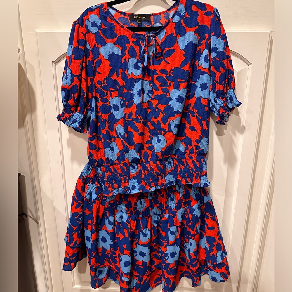 Sugarlips Matador set smocked blue red floral eclipse mini skirt and top 1x 2x